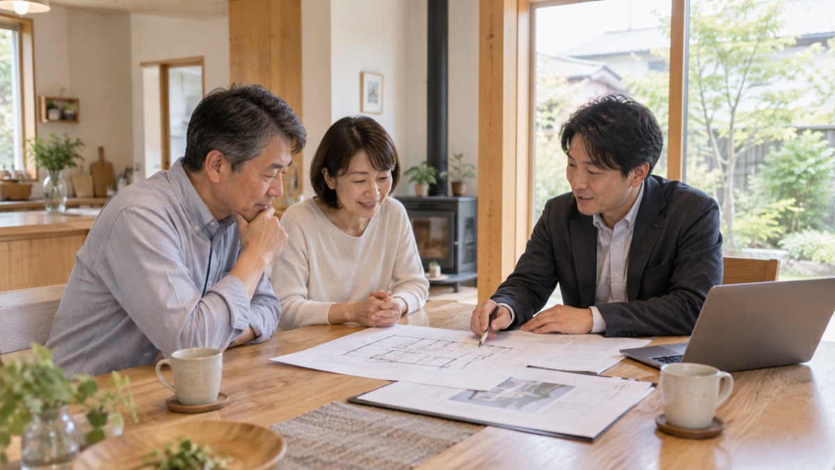 新潟市の木の家でリフォームの見積もりと図面を確認する夫婦と担当者