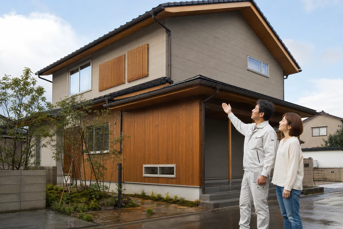 戸建て住宅の外壁・軒・雨樋を見ながら点検結果を説明する職人と住まい手