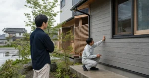 新潟市の戸建て住宅で外壁と窓まわりを点検する職人と相談する住まい手