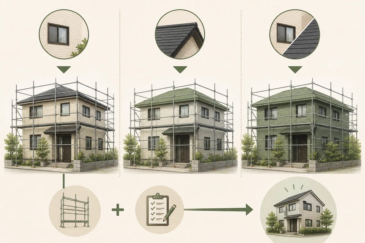 外壁単独・屋根単独・外壁と屋根の同時工事を比較する図