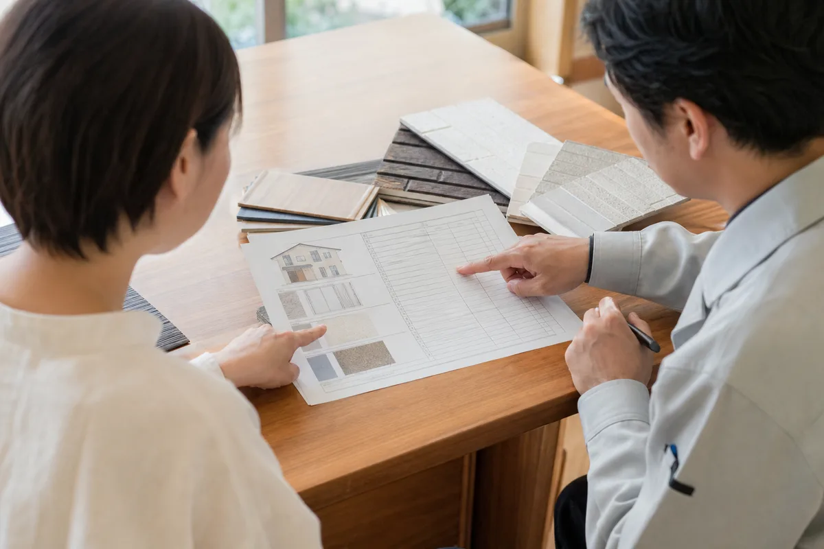 外壁材のサンプルと見積書を並べて工事内容を確認する様子