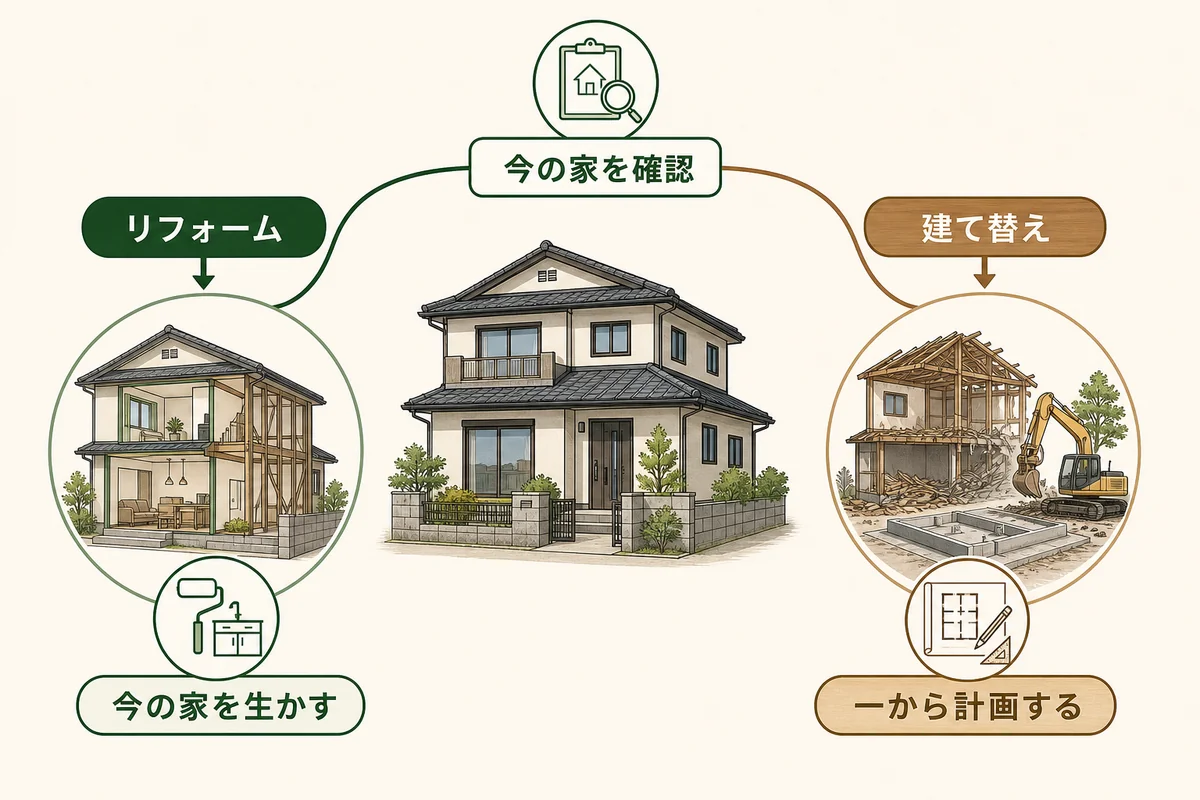 現在の家を確認してリフォームと建て替えの2案を比較する流れ