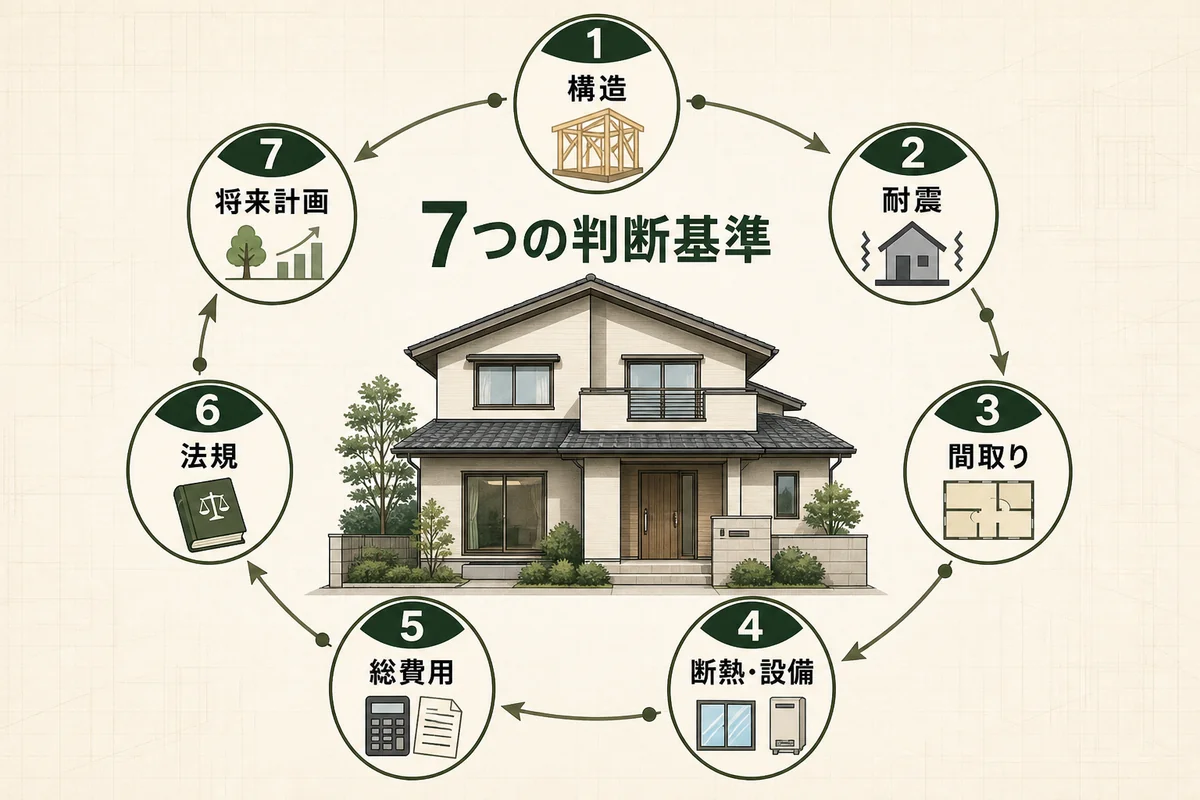 構造・耐震・間取り・断熱設備・総費用・法規・将来計画の7つの判断基準