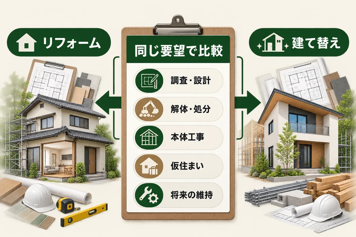 リフォームと建て替えを同じ要望と5つの費用項目で比較する図