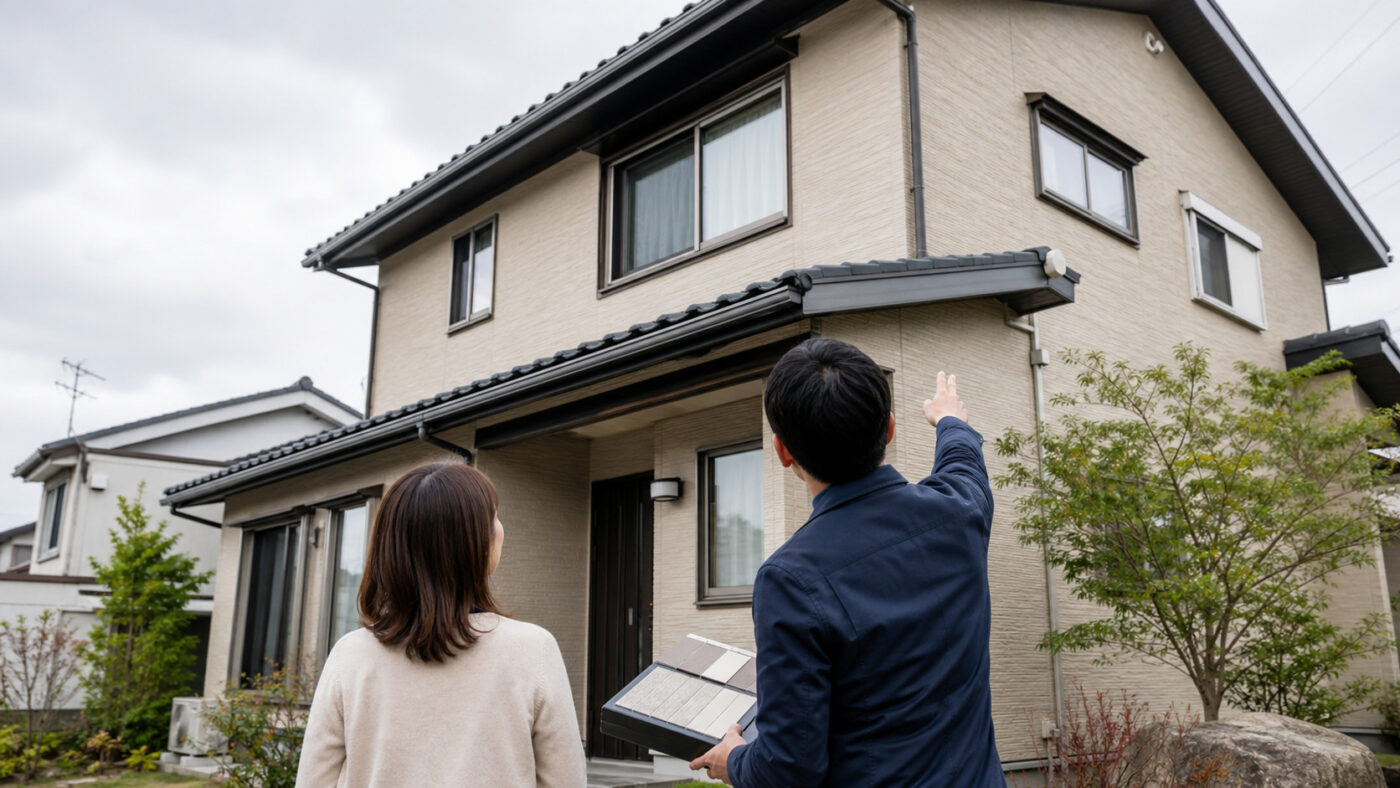 住宅を見上げる二人
