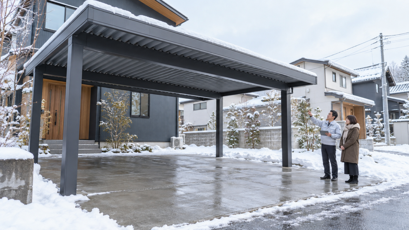 雪が残る新潟の住宅でカーポートを確認する住まい手と施工担当者