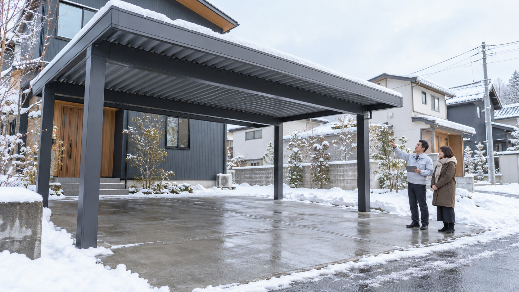 雪が残る新潟の住宅でカーポートを確認する住まい手と施工担当者