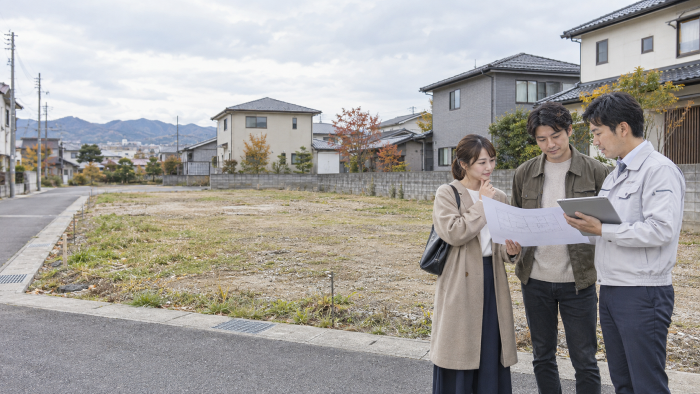 新潟市の住宅地で注文住宅の候補地を確認する夫婦と施工担当者