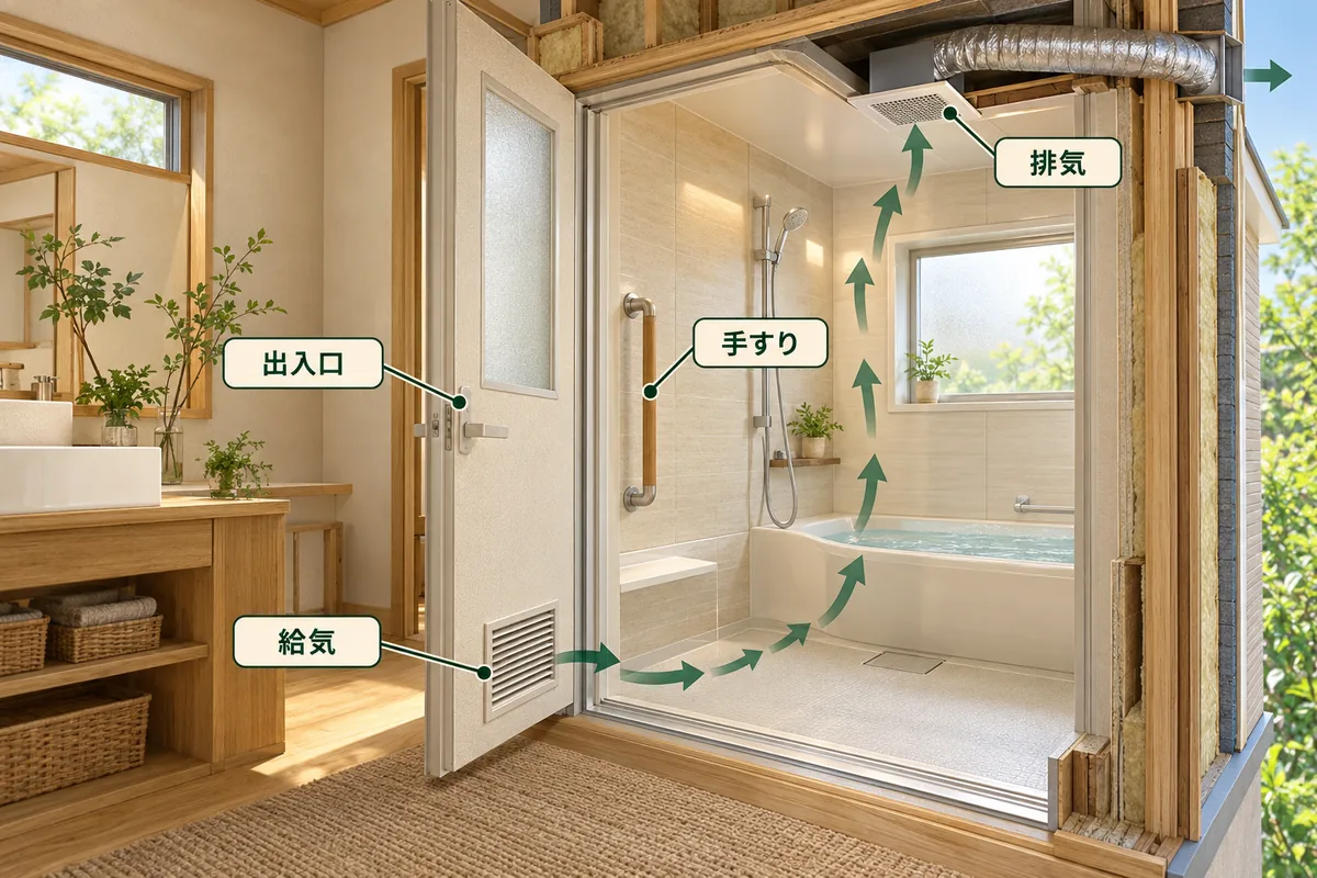 浴室の出入口と手すり、ドア付近の給気から天井排気までを示す使いやすさと換気の説明図
