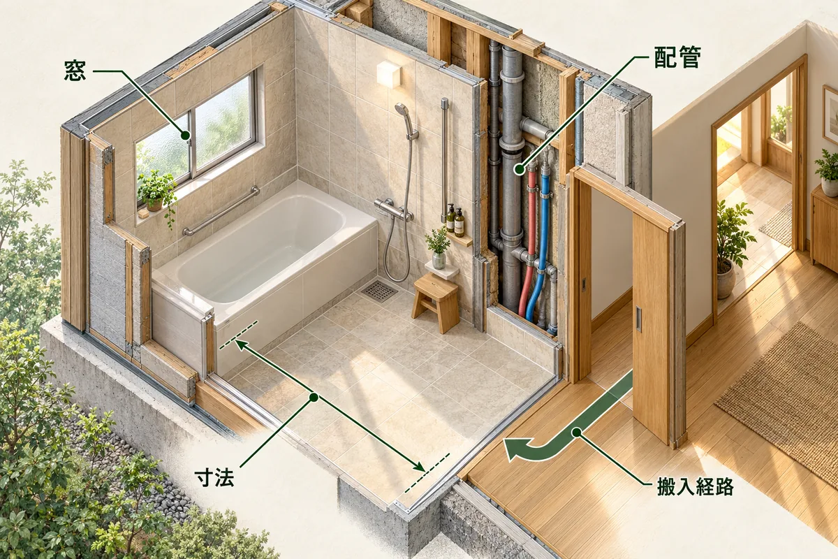 浴室の寸法、窓、配管、搬入経路を一つの立体断面で示す現地調査の説明図