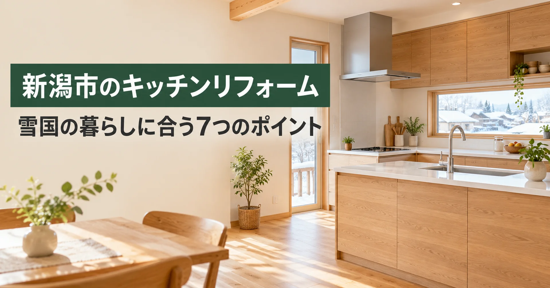 雪景色が見える明るい木の家のキッチンと、新潟市のキッチンリフォームの見出し