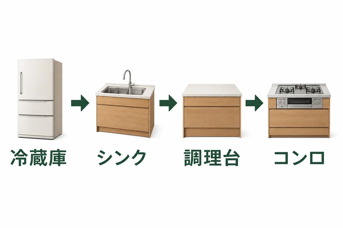 冷蔵庫からシンク、調理台、コンロへ進む作業の流れを表す説明図
