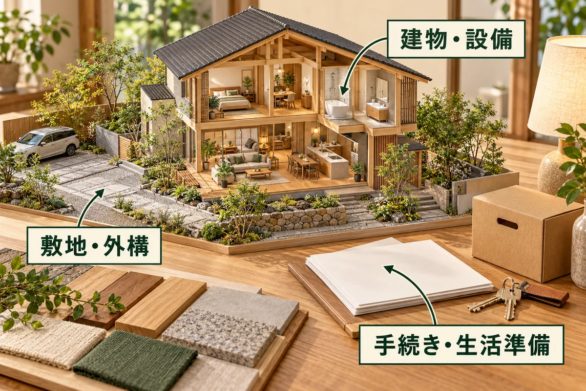 建物設備と敷地外構と手続き生活準備を分けて予算を考える説明図