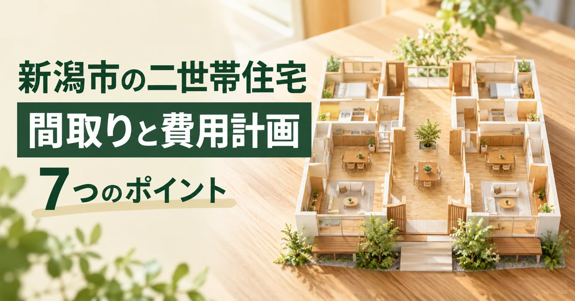 二世帯の暮らしを考える明るい木の家の室内模型と間取りと費用計画の見出し